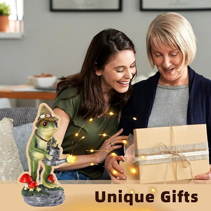 Solar Frog Statue for Garden with Watering Can Light 8.8" Resin Frog Figurine Outdoor Patio Porch Yard Decor Unique Birthday Housewarming Gifts for Women Mom Grandma Wife Sister