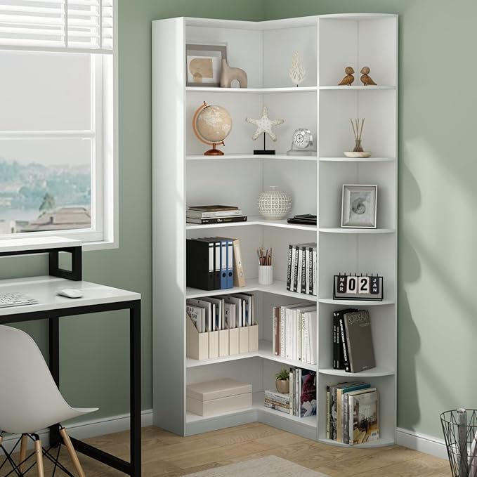 Loomie White Book Shelf, 6 Tiers Shelf Large Tall Corner Etagere Bookcase with Full Baffle, L-Shaped Modern Storage Display Industrial Bookshelves for Bedroom, Home Office, Living Room & Kitchen