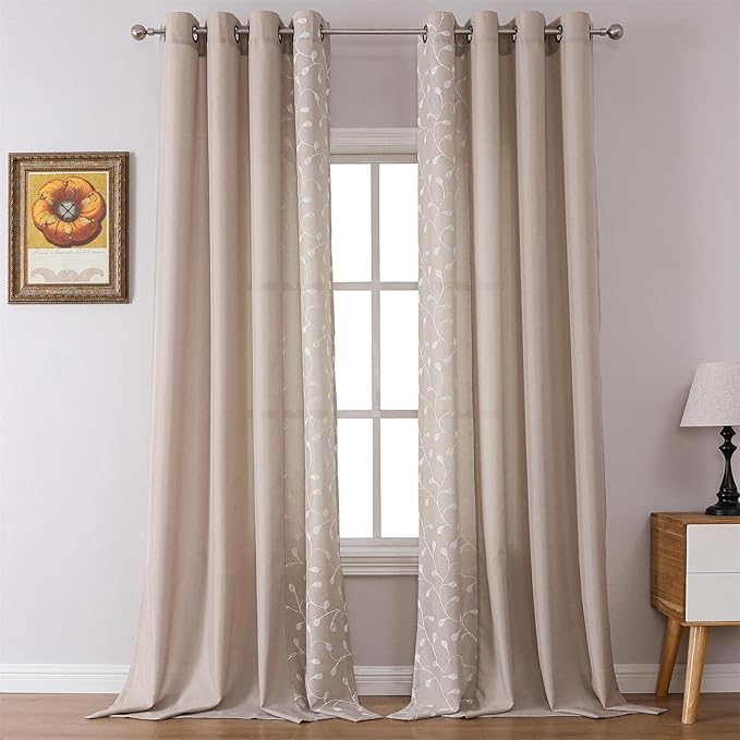 MIUCO Light Filtering Faux Linen Curtains - 95 Inch Long Bedroom & Living Room Drapes, Linen Floral Embroidered Solid Mix & Match, Semi Sheer Grommet Farmhouse Curtains, 2 Panels Set