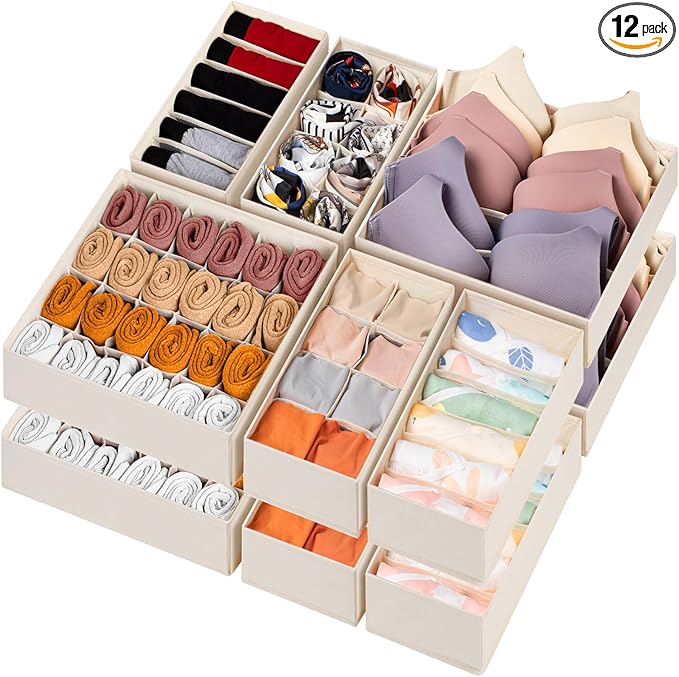 12 Pack Baby Clothes Organizer for Nursery, 116 Cells Fabric Foldable Dresser Closet Organizers and Storage Bins for Clothing, Women Men Underwear Socks, Bra, Ties, Scarf, Belt, Hair Accessories