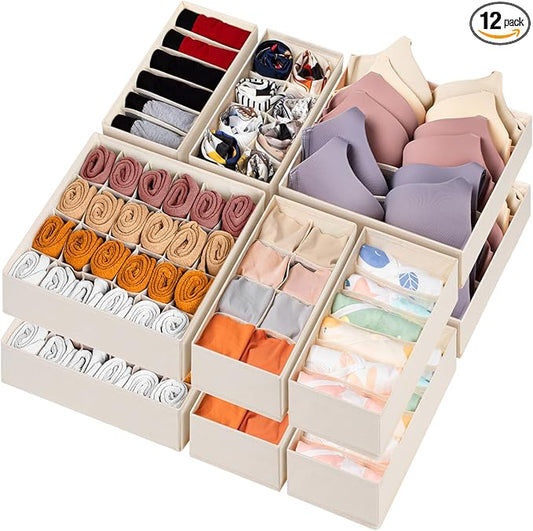 12 Pack Baby Clothes Organizer for Nursery, 116 Cells Fabric Foldable Dresser Closet Organizers and Storage Bins for Clothing, Women Men Underwear Socks, Bra, Ties, Scarf, Belt, Hair Accessories