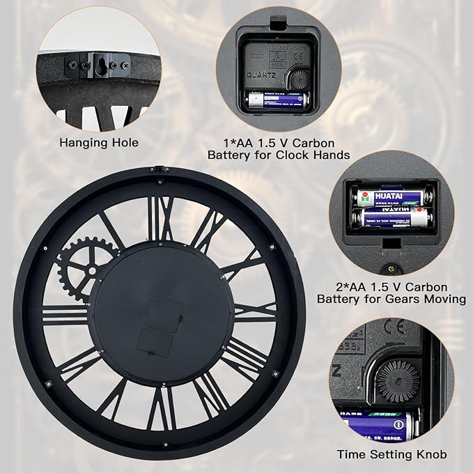 The B-Style Large Wall Clock 24 inch Moving Gear Wall Clock Oversized Vintage Farmhouse Wall Clocks for Living Room Decor Rustic Industrial Wood Clock (Silver Gray, 18 inch/46cm)