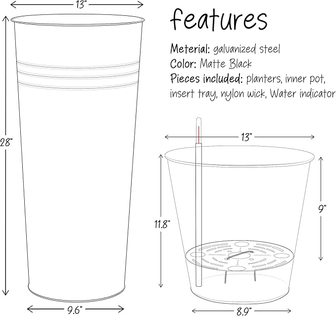 KOL 28'' Tall Galvanized Steel Planter Pot - Flower Pot with Water Level Indicator for Plants - 2-Pack Self Watering Planters - Round Black Powder Metal Planter Box - Indoor Outdoor Grande Plant