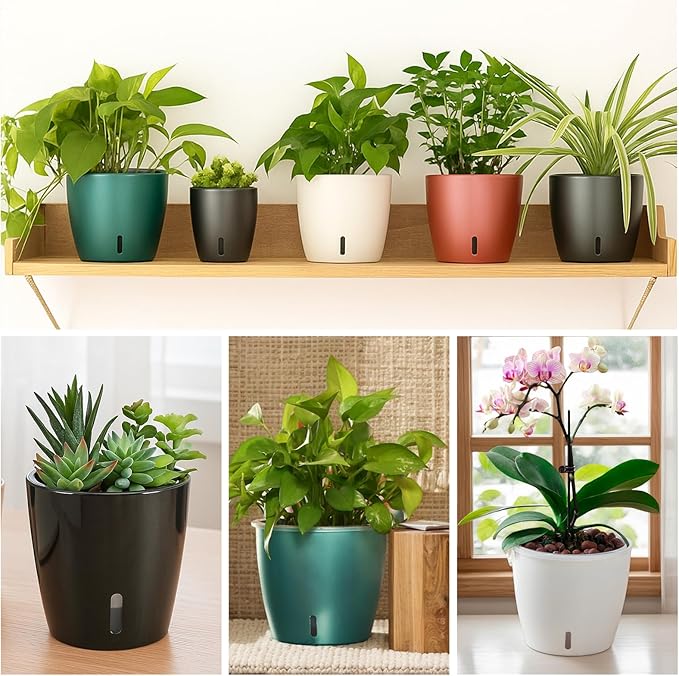 Self-Watering Pots for Indoor Plants, 8-Pack 6.7'' Self Watering Planter with Drainage Holes, Small African Violet Pots with Water Indicator, Clear Wick Pot, White
