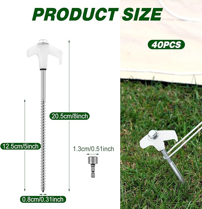 Hicarer 40 Pcs 20 Pcs 8'' Screw in Tent Stakes Heavy Duty Ground Metal Stakes for Inflatables with Hex Head Driver for Outdoor Camping Tent Inflatable Garden Decor (Luminous White)