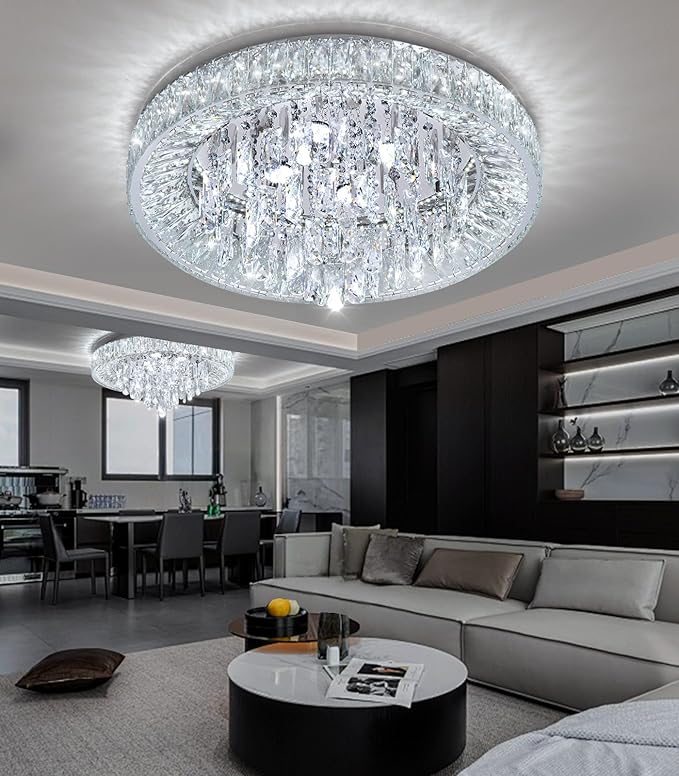 23.6'' Modern Crystal Chandeliers LED Dimmable Flush Mount Ceiling Chandeliers for Living Room Entrance Foyer Bedroom Silver