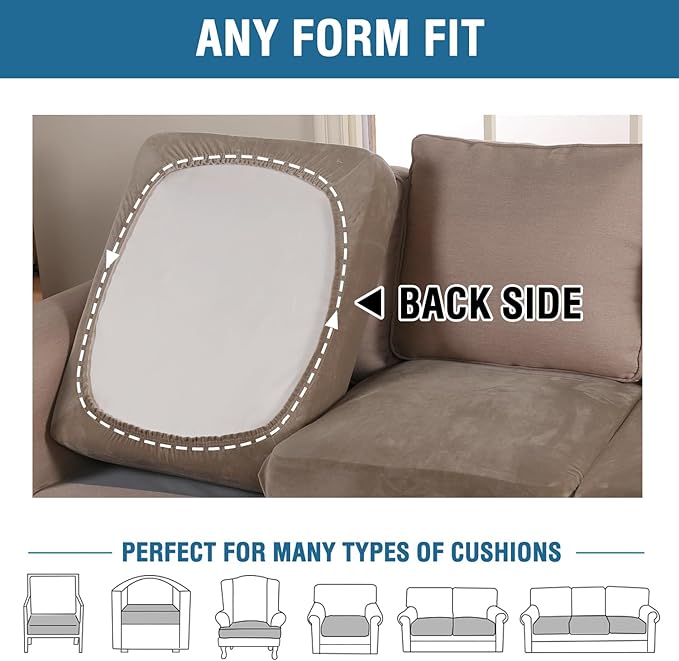 H.VERSAILTEX Velvet Stretch Couch Cushion Cover Plush Cushion Slipcover for Chair Loveseat Sofa Cushion Furniture Protector Seat Cushion Sofa Cover (3 Piece Sofa Cushion Covers, Mocha)