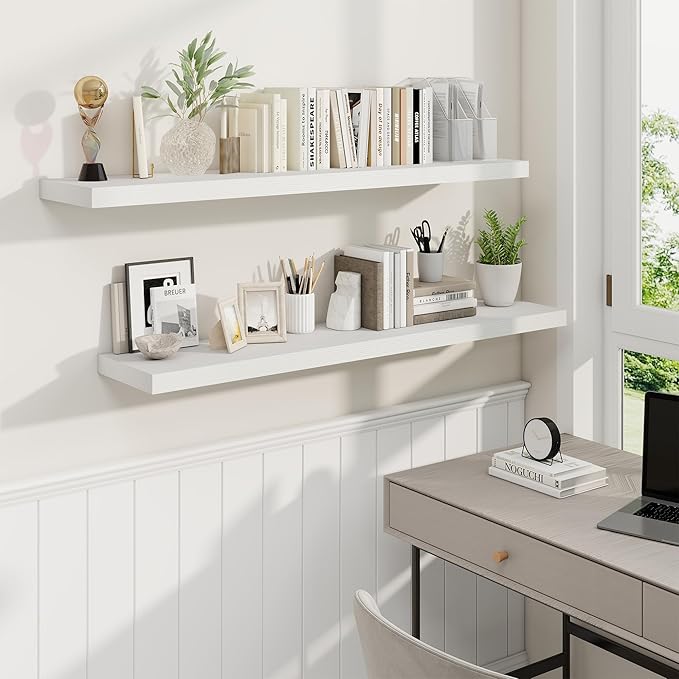 Fun Memories 48 Inch Deep Floating Shelves for Wall, 2 Pack of Long Wall Mounted Wood Shelves with Invisible Brackets for Bathroom, Bedroom, Living Room, Kitchen Decor and Storage, White