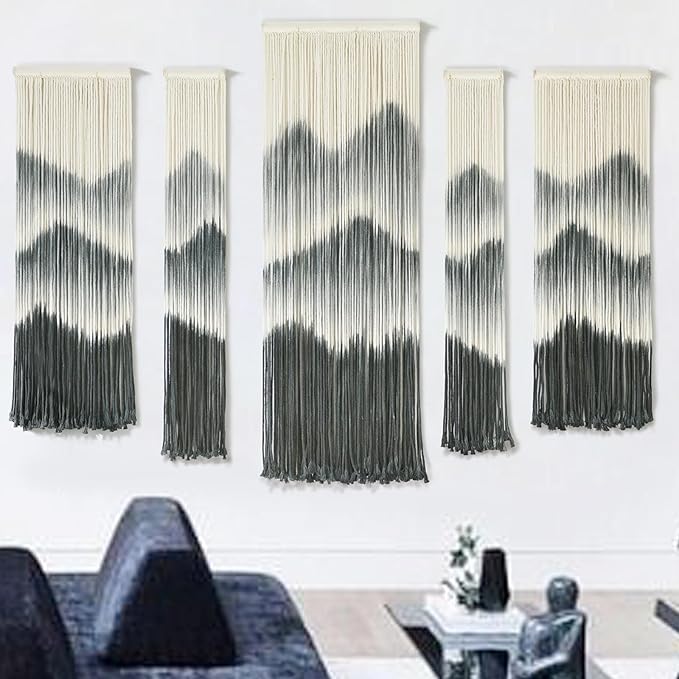 IOWER Large Macrame Wall Hanging 5Pcs Handmade Dip-Dyed Mountain Wall Decor Combination Suspension Bedroom Living Room Modern Fiber Yarn Wall Art