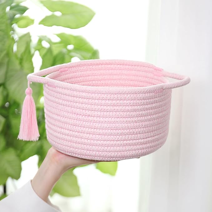 Small Cute Empty Gift Basket Little Woven Rope Organizer Baskets for Baby Shower Gifting, Makeup Brushes Holder, Bathroom- Decorative Vanity Storage Bins - 2 Pack, Pre-Shaped, Pastel Pink