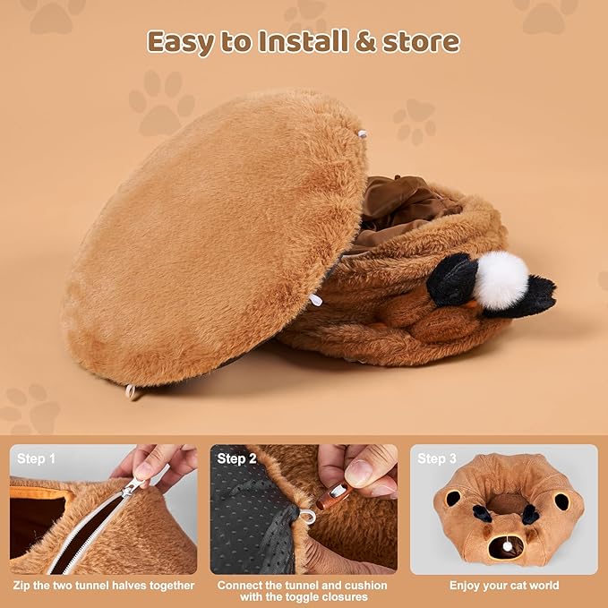 Odoland Reindeer Cat Tunnels Bed with 20 Kitten Toys for Indoor Cats, Plush Cats Couch Tunnel Bed - Kittens Cave Donut Tunnel - Detachable Soft Cat Bed and Variety Kitty Toy Set