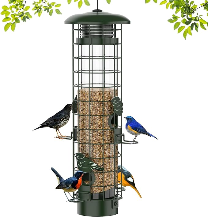 Squirrel Proof Bird Feeder,Metal Mesh Bird Feeders for Outdoors Hanging,Gravity Protection Squirrel Proof Wild Bird Feeders with Finch Cardinal Chickadee,3LB Large Capacity,Green