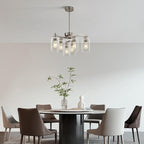6 Light Modern Brushed Nickel Pendant Light Fixture For Dining Room，Contemporary Kitchen Light Fixtures Brushed Nickel，Adjustable Height Farmhouse Dining Chandeliers Over Table，With Glass Shade