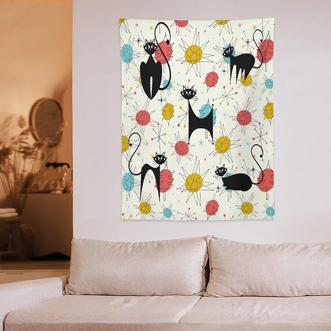 ICMOLYYENLO Abstract Cat Tapestry, Medieval Abstract Atomic Star Cat Vintage Home Wall Hanging Art Tapestry for Bedroom Living Room Dormitory 50x60 Inch