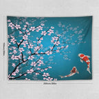 Houselerax Japanese Koi Fish Tapestry, Cherry Blossoms Asian Oriental Green Teal Flower Branch Koi Fish Carp Tapestries Wall Hanging for Bedroom Living Room Office Decor 80"x60"