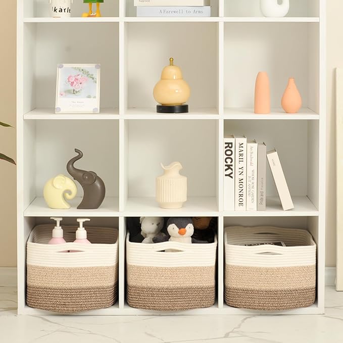 Large Storage Baskets for Organizing Shelves, Woven Cotton Rope Bins for Baby Nursery Organization, Book Toy Towel Organizer, 17"x13"x9.5", 3 Packs, Gradient Brown
