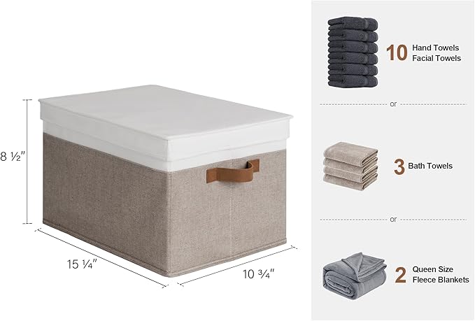StorageWorks Large Storage Bins with Lids, Decorative Storage Boxes with Lid and PU Handles, Foldable Storage Baskets for Closet, Shelves, Stackable, Brown and White, 3-Pack
