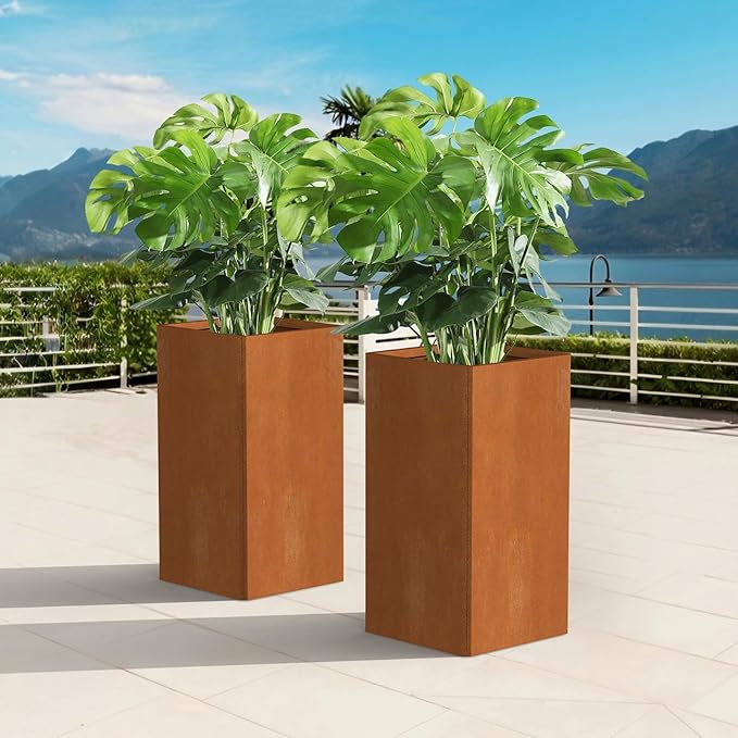 Cor Ten Steel Planter 26 Inch Tall Planter with Drainage Holes, Rust-Resistant/Heavy-Duty Metal Planter Box for Garden, Patio, Porch & Yard (14x14x26in)