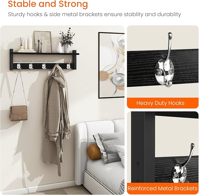 Homode Coat Rack Wall Mount with Shelf, 24" Long Entryway Shelf with Hooks Underneath, Wooden Coat Hanger for Hanging Hats, Bathroom Towels, Clothes, Black