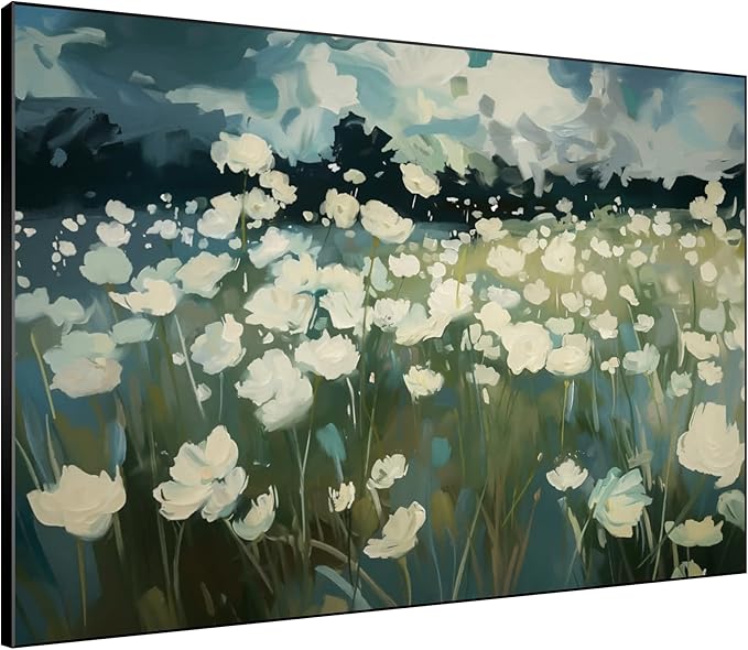 SIGNWIN 36"x46" Extra Large Framed Wall Art White Wildflower Field in Impressionist Style, Soft Floral Landscape for Home Living Room Bedroom Decor (Frame Assembly Required)