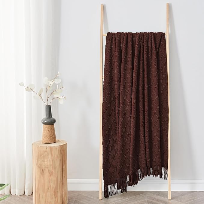 inhand Knitted Throw Blankets for Couch and Bed, Soft Cozy Knit Blanket with Tassel, Diamond Brown Lightweight Decorative Blankets and Throws, Farmhouse Warm Woven Blanket for Men and Women, 50"x60"