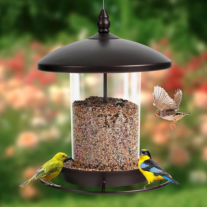 Metal Bird Feeder for Outdoors Hanging,3.0LB Seed Feeder,Easy to Fill & Clean,360° Feeding,Weatherproof Roof for Gardens and Wild Birds,Brown
