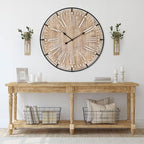 Farmhouse Wall Clock 30 Inch - Rustic Wood Metal Decor, Silent Sweep, Battery Operated for Living Room Kitchen Office, Brown