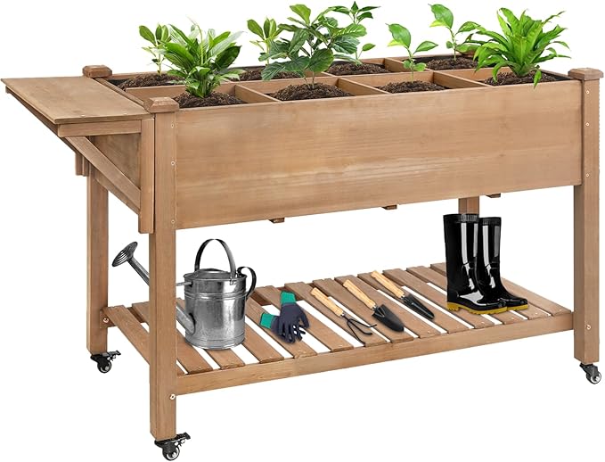 Raised Garden Bed with Lockable Wheels Mobile Elevated Wood Planter,Storage Shelf, Protective Liner,55.5x24x32in (Brown)