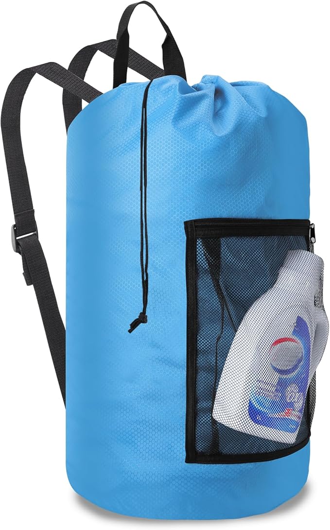 Femuar Laundry Bag Backpack Durable Laundry Bag with Shoulder Straps and Mesh Pockets Portable Laundry Dirty Clothes Hamper Bag for College Dorm (Blue)