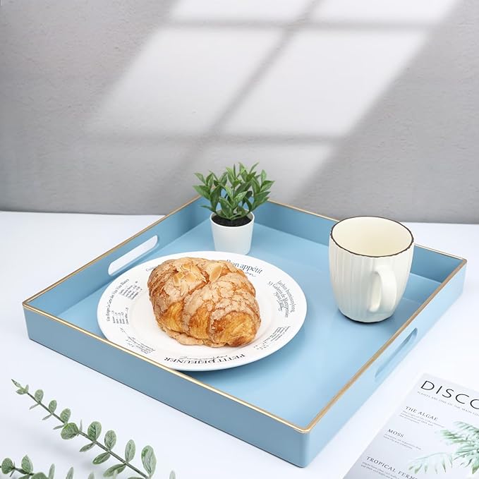Spsyrine Light Blue Decorative Tray for Living Room, Square Modern Plastic Coffee Serving Table Tray for Ottoman Bathroom Kitchen, 13"*13".