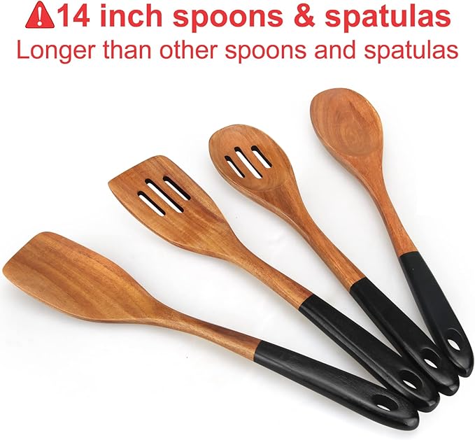 14 Inch Large Wooden Spoons for Cooking Utensils Set Acacia Wood Spatula Slotted Spoon Best Non Toxic Kitchen Utensil Long Mixing Spoon Spatulas Turner Stirring Serving Spoons Kitchen Use Tools