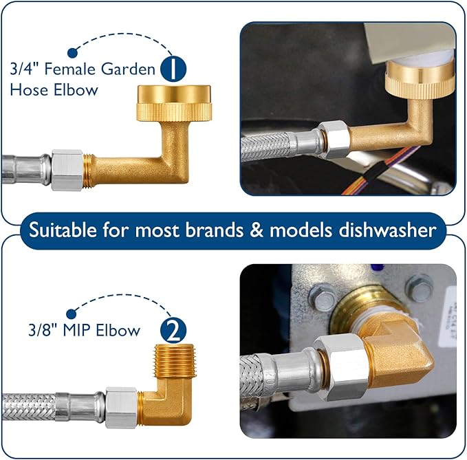 Dishwasher Installation Kit - 8 FT Stainless Steel Braided Dishwasher Hose kit,Food Grade PEX Inner Tube Water Line with 3/8"x 3/8"x 3/8" Tee Stop Valve,3/8"x 3/8"MIP Elbow,3/8"x 3/4"FHT Elbow