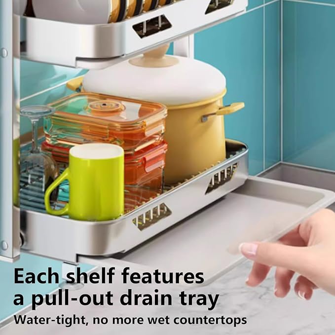 Dish Drying Rack with Drain Board - Rustproof Stainless Steel Dish Rack with Utensil Holder,Dish Racks for Kitchen Counter Over Sink,Over-Sink Drying Rack(Wall-Mounted,Second Floor)