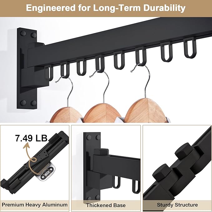 Bakala Clothes Drying Rack Foldable, Laundry Drying Rack Clothing Wall Mounted, Clothing Racks for Hanging Clothes, Heavy-duty Space Saving Hanger,Retractable,Expandable,Collapsible, 64" (Hooks,Black)