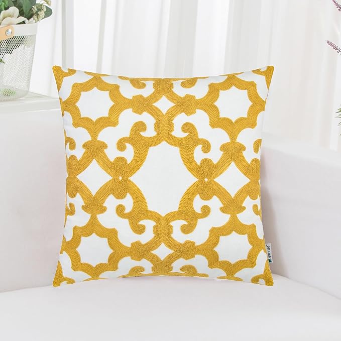 HWY 50 Mustard Yellow Decorative Throw Pillow Covers 18x18 Inch (1 Piece), Embroidered Cotton Farmhouse Cushion Cover Pillow Case for Sofa Couch Living Room Bed, Geometric