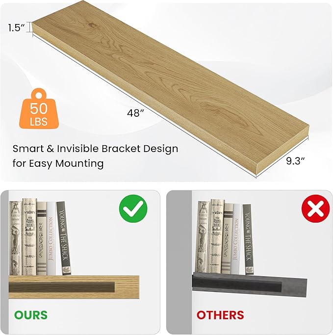 Floating Shelves for Wall, 48" W x 9.3" D x 1.5" H, Wooden Wall Mounted Display Shelves with Invisible Brackets for Living Room, Bedroom, Bathroom, Kitchen Decor and Storage, Set of 1, Oak