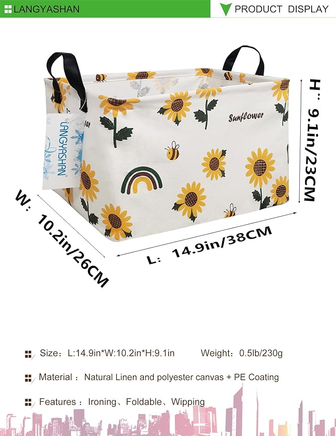 LANGYASHAN Rectangular Storage Bin Collapse Canvas Fabric Cartoon Storage Basket with Handles for Organizing Home Kitchen Boys and Girls Toys Office Closet Shelf Baskets(Rec Sunflower)