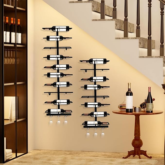 10 Bottle Wall Mount Wine Rack with Wine Glass Holder, Metal Wine Wall Rack, Wall Racks for Wine Bottles Display and Storage, Hanging Bottle Organizer for Living Dining Room Wine Cellar Bar (Black)