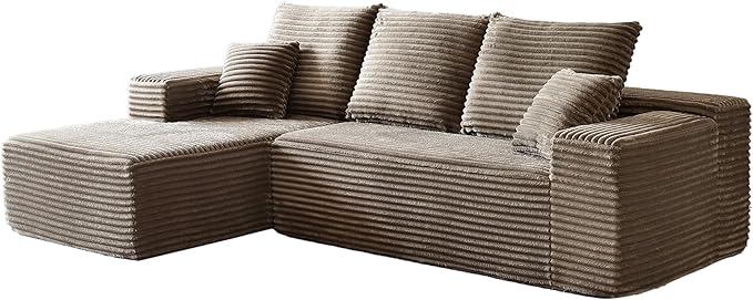 HYJT-H&K Modular Sectional Sofa Cloud Couch, 107" Comfy L Shaped Sectional Couches for Living Room, Deep Seat Memory Foam Plush Fluffy Corduroy Boneless Couch Sectionals Left Facing Sofa Chaise Brown