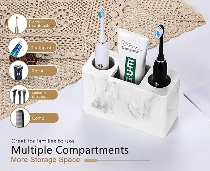 Luxspire Toothbrush Holder, 3 Slots Electric Toothbrush and Toothpaste Holder, Bathroom Countertop Storage Bathroom Accessories Toothbrush Stand for Vanity Counter Organizer Caddy - Gravel White