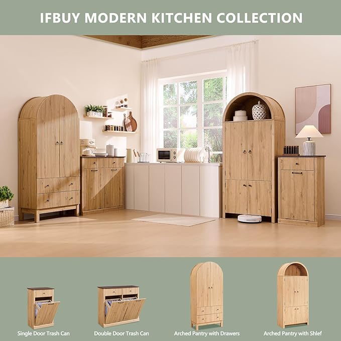 71" Tall Arched Bathroom Storage Cabinet, Modern Fluted Storage Cabinet w/Doors, 3 Adjustable Shelves, 6 Door Shelves, Wood Freestanding Cabinet for Bathroom, Entryway, Hallway, Natural