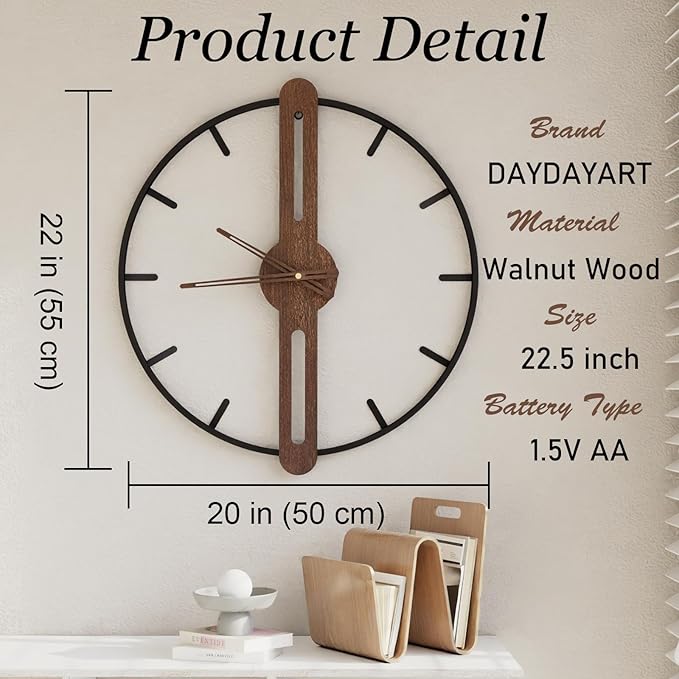 Modern Walnut Dial Wall Clock, Wood Large Wall Clock Decor Metal Frame Silent Non Ticking for Living Room, Bedroom, Kitchen, Study Decoration, Handmade Home Present Idea, 20 in （50 cm）