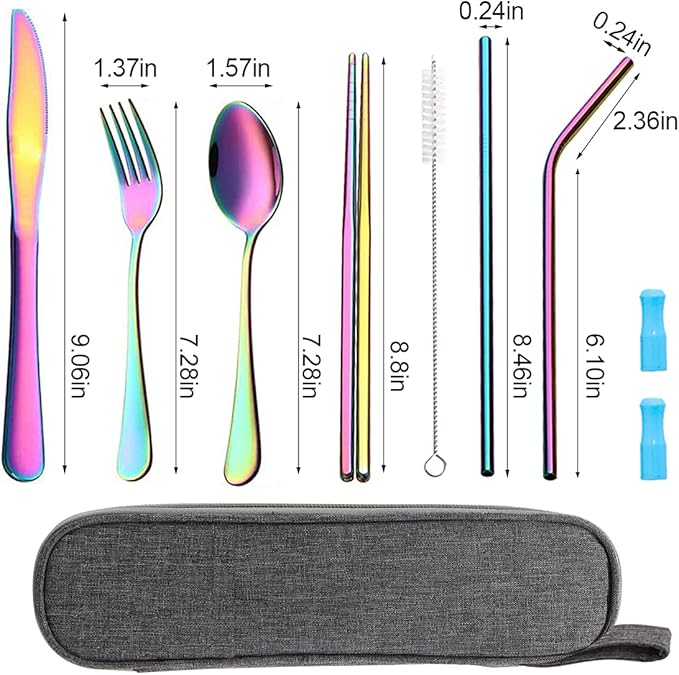 Travel Utensils Set with Case Reusable Portable Cutlery Set Stainless Steel 8pcs Including Dinner Knife Fork Spoon Chopsticks Straws(Rainbow)