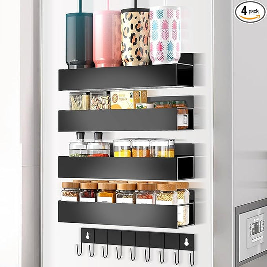 Magnetic Spice Rack Organizer for Fridge Seasoning Organizer for Kitchen storage with Screw or Adhesive Hanging,Magnetic Shelf with Hook for Refrigerator and Oven (Black, 5pack)