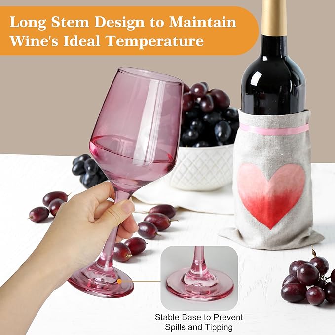 Pink Wine Glasses Set of 6-12oz Pink Long Stem Wine Glass Cups, Pink Pretty Crystal Glassware, Hand Blown Goblets Drinkware, Unique Drinking Stemware Holiday Gift Set for Women