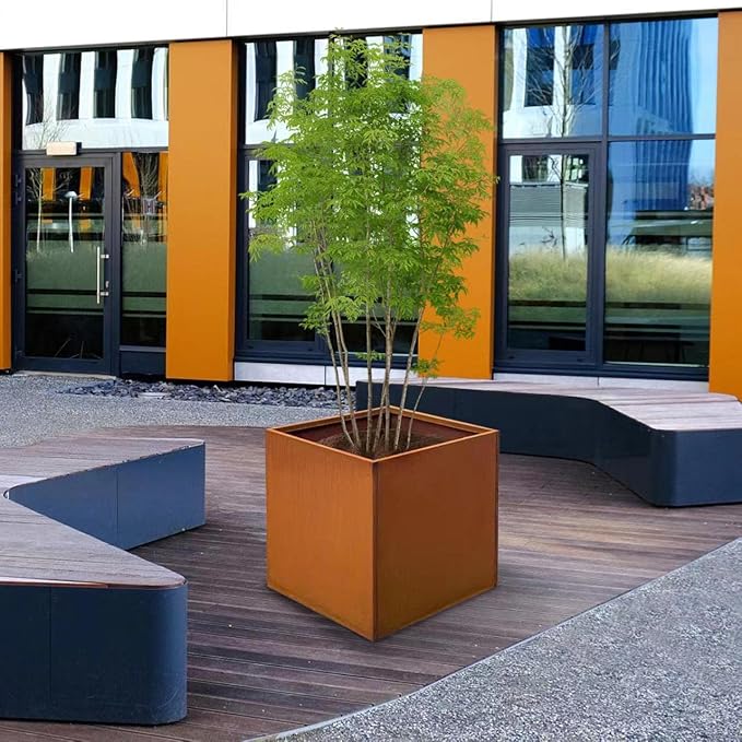 Corten Steel Planter Metal Square Planter Tall Cube Rustic Steel Planters 27.6 Inch Durable Antique Detached for Outdoor Commercial Residential Garden Patio Deck and Backyard