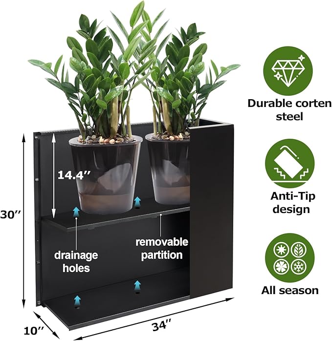 Metal Large Rectangular Planter Box Outdoor 30" H x 34" W x 10" D,Tall Flower Pot with Quick Installation,Long Black Planters for Outdoor Plants with Drainage Holes for Plants,Patio,Garden