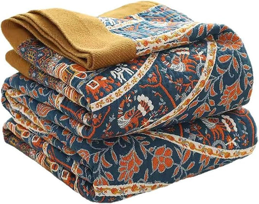 Boho Muslin Blanket for Adults 4-Layer Gauze 80 x 90 Inches Soft Cozy 100% Cotton Summer Cooling Blanket Circle Geometric Decor for Sofa Bed Coverlet Both Sides (A Luck Wheel, 80 x 90 in)