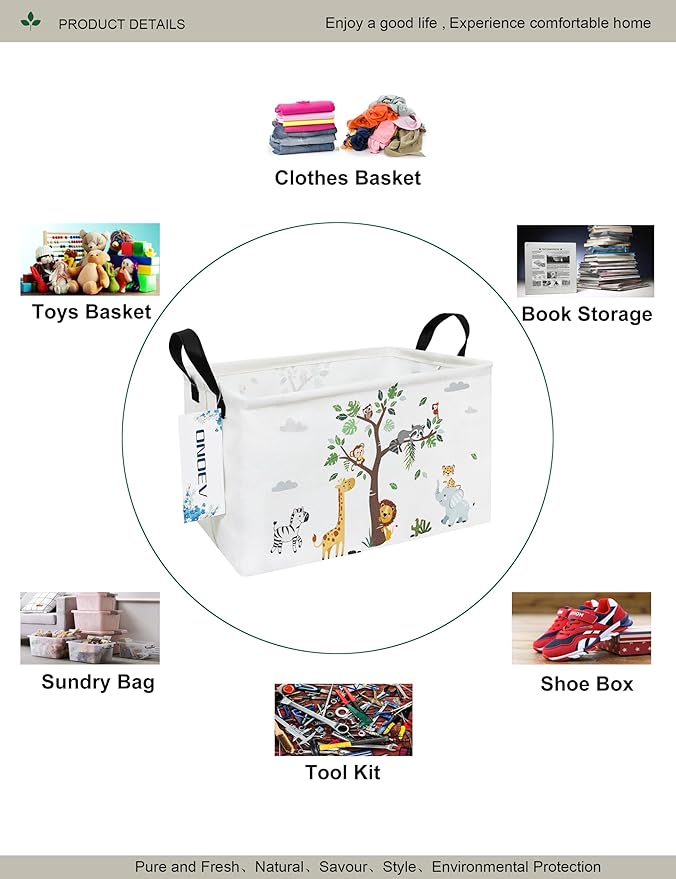 Rectangular Folding Laundry Basket,waterproof Canvas Basket,gift basket,Suitable for children's room,Office,Clothes,Toys Storage(Tree Animals)