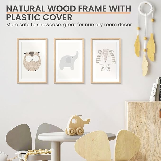 upsimples 11x17 Picture Frame, Natural Solid Wood Picture Frames, Display 9x15 with Mat or 11 x 17 Without, Vertical or Horizontal Wall Hanging, 1 Pack, Natural